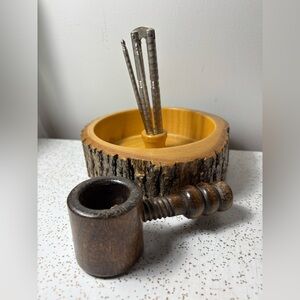 Vintage live edge bowl with nut cracker tools